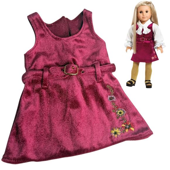 American Girl Julie Christmas Dress & Belt Cranberry Red Crushed Velvet Jumper - Picture 1 of 5